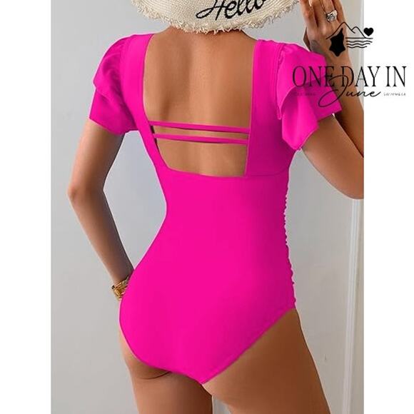 Eomenie Ruffle Shoulder One Piece Swimsuit Size S - Picture 2 of 7